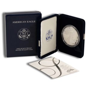 Navy presentation box and velvet case holding a one-ounce proof Silver American Eagle coin with certificate/card nearby.