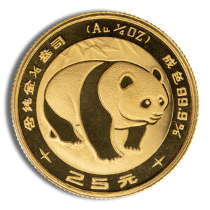 Gold panda bullion coin with a walking panda design, inscriptions Au 1/2 oz and 25 yuan around the edge.