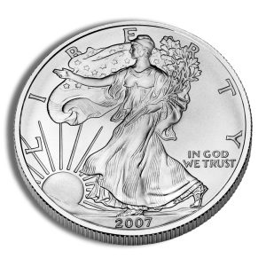 Close-up of a 2007 American coin showing Lady Liberty walking toward the sun, holding branches; inscriptions read LIBERTY and IN GOD WE TRUST.