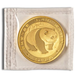 Gold panda commemorative coin in a clear plastic sleeve; denomination 50 yuan visible.