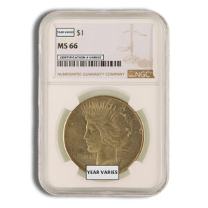Coin in an NGC plastic slab with labels reading 'Year Var ies' and 'Certification # Var ies'; obverse shows Liberty's head with sunburst rays, denomination $1.