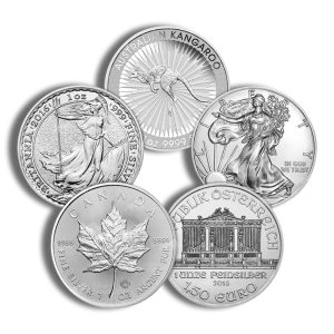 Collage of bullion coins from multiple countries, including a Canadian silver maple leaf and Australian Kangaroo coins with various designs and dates.