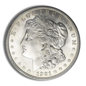 A silver Morgan dollar coin featuring a left-facing Liberty head with 'E PLURIBUS UNUM' around the rim and '1921' at the bottom.