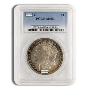 Morgan silver dollar in a protective plastic slab, graded PCGS MS63, with 'Year varies' and 'Certification # varies' labels visible on the holder.