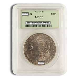 Slabbed Morgan silver dollar graded MS65 by PCGS with certification labels and year varies on the holder.