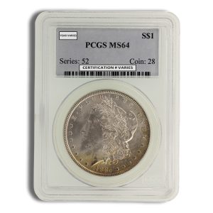 Silver dollar in a protective PCGS slab labeled MS64, year 1885 visible on the coin face and holder edge details nearby