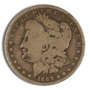 1889 Morgan silver dollar obverse: Liberty's profile with flowing hair, 'E Pluribus Unum' around the edge and star border.