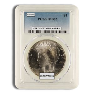 MS63 graded silver dollar in a clear slab with blue label; obverse features Liberty with a radiant crown; year and certification vary