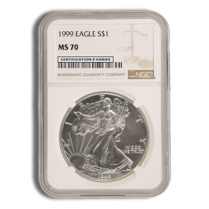 1999 American Silver Eagle $1 coin in a plastic graded slab, MS70 by NGC