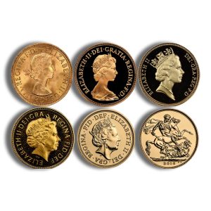 Six British coins arranged in a 3x2 grid, all showing Queen Elizabeth II portraits except the bottom-right coin which has a horse and rider scene dated 2016, on a white background.