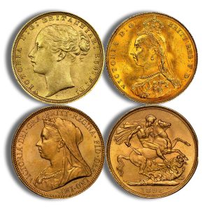 Quartet of British gold coins: top-left Victoria profile facing left, top-right crowned woman in dress, bottom-left female profile with headdress and necklace, bottom-right St. George on horseback slaying a dragon dated 1893.