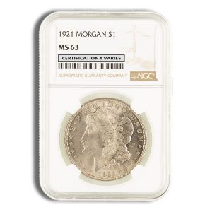 NGC-certified 1921 Morgan silver dollar in slab, grade MS63, with barcode label above the coin