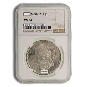 Silver Morgan dollar graded MS64 in a protective coin slab with NGC label and certification text, year varies.