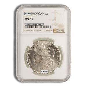 Morgan silver dollar in slab with MS65 grade and NGC label; year varies in certification label
