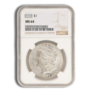 Graded Morgan silver dollar (1887) in a plastic holder labeled MS64 by NGC, showing obverse portrait.