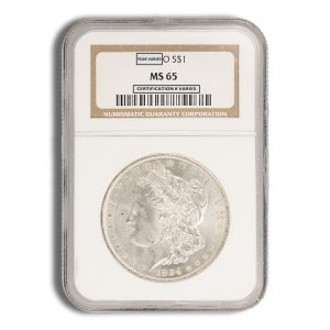 Silver half-dollar-like coin in a plastic slab; label reads MS65, NGC certified, 1884 date visible on coin edge/face