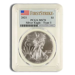 2021 PCGS MS70 Silver Eagle in a protective slab labeled FirstStrike, $1 denomination, Type 1 coin title on the label