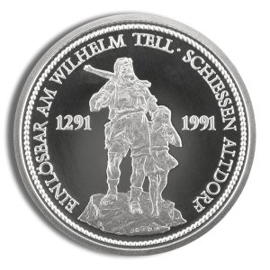 Commemorative coin with William Tell and his son, standing on a rock; crossbow on Tell's shoulder, 1291–1991 inscription around the rim