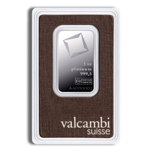 1 oz platinum bar (999.5) displayed in a brown textured case with 'valcambi suisse' branding underneath.