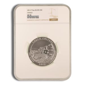 Silver 5 oz 2012 coin in protective slab label reads 'Chaco' and 'NGC' on top edge; front shows CHACO CULTURE design and year 2012