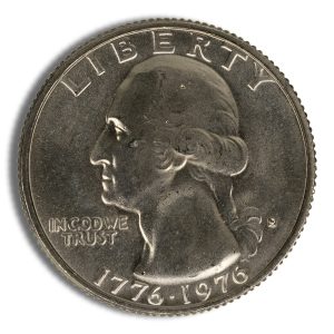 Close-up of a 1976 U.S. bicentennial quarter with Washington's profile and inscriptions LIBERTY, IN GOD WE TRUST, and 1776-1976