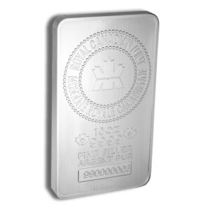 Silver bullion bar from the Royal Canadian Mint, 10 oz, fineness .9999, with maple leaf emblem and mint logo.