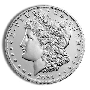 Close-up of a silver coin displaying Liberty's portrait, 'E PLURIBUS UNUM' around the edge, 2021, with stars along the rim.