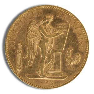 Gold French 20 franc coin with a winged Marianne presenting a tablet labeled 'Constitution' to a pedestal; rooster to the right, inscriptions along edge read 'République Française'