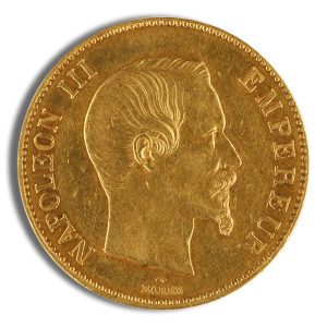 Gold coin featuring a right-facing profile of a bearded man with inscriptions around the rim