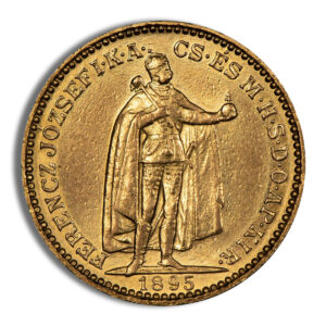 Gold coin featuring a man in armour with cape holding an orb, 1895.