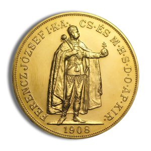 Gold coin with a crowned king in armor and cape, holding a scepter and a cross-topped orb; year 1908 inscribed at the bottom