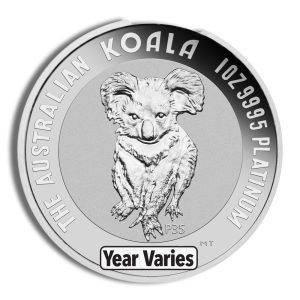 Australian 1 oz platinum Koala coin featuring a detailed koala illustration, with