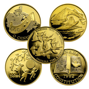 Set of five overlapping gold commemorative coins with diverse designs (map and music staff, kayak scene, birds, children with a globe, and a constitution book) arranged in a cluster.