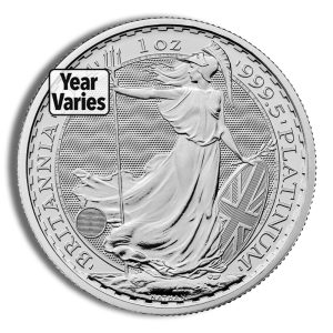 Close-up of a platinum coin featuring a standing Liberty figure, year varies, with a Union Jack shield; overlay reads 'Year Var ies'.