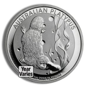 Platinum Australian platypus coin, 1 oz, year varies, featuring a platypus image with bubbles and aquatic plants (AUSTRALIAN PLATYPUS).