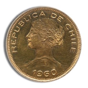 Chilean 1960 coin with left-facing bust and laurel wreath, inscription Republica de Chile around the edge