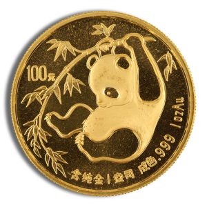 Gold Chinese panda bullion coin showing a panda clinging to a bamboo branch, with '100元' and '1 oz .999 fine gold' inscriptions.