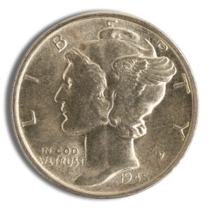 Close-up of a 1945 Mercury dime showing Liberty facing left with a winged cap; inscriptions LIBERTY, IN GOD WE TRUST, 1945.