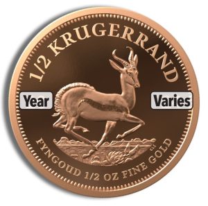 Close-up of a 1/2 oz Krugerrand gold coin featuring a springbok antelope; overlays read 'Year' and 'Varies'.