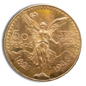 Gold 50 Pesos coin featuring Winged Victory statue with mountains; inscriptions read 50 PESOS and 1821-1946, 3.75 gr Oro Puro.