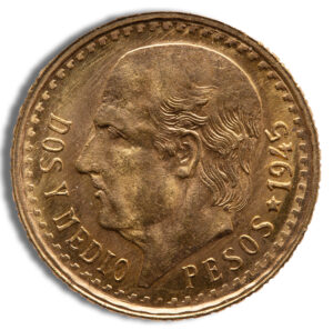 Left-facing portrait on a Dos Medios Pesos coin, year 1945.