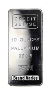 Palladium bullion bar, 10 oz, Credit Suisse, fineness 999.5; brand varies.