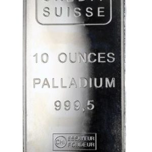 Palladium bullion bar, 10 oz, Credit Suisse, fineness 999.5; brand varies.