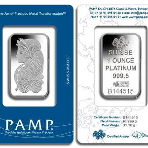 Pair of platinum bars in branded packaging: blue PAM/PAMP case left and white Suisse case right, each with a raised rectangular silver bar inside