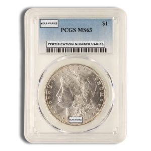 Silver dollar coin in a protective PCGS slab labeled MS63; year varies; certification varies on label.