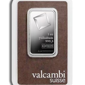 One-ounce palladium bullion bar from Valcambi Suisse, engraved '1 oz palladium 999,5' on a silver ingot mounted on a brown background with the Valcambi logo nearby.