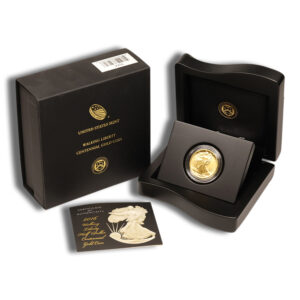 Gold Walking Liberty Centennial Gold Coin in a black presentation case with its outer box and certificate of authenticity beside it
