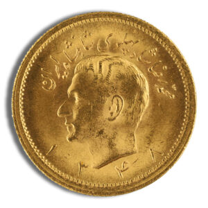 Gold coin featuring a left-facing portrait of a man with Arabic inscriptions around the edge and a dotted rim lens-illusion shadowed on the left.