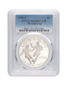 1994-S World Cup silver coin in a clear graded slab (PCGS PR70DCAM) with serial on label.