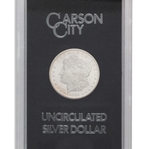 Silver dollar coin in a protective display slab with Carson City branding and the word UNCIRCULATED visible on the case panel.